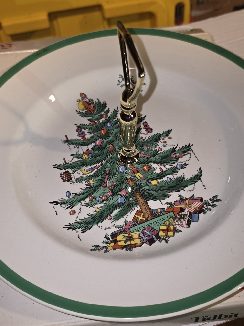 Spode Christmas Tree Two-Tier Serving Stand with Green Trim and Gold Handle
